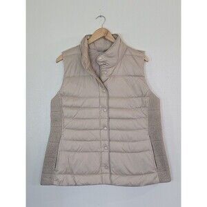 J. Jill Quilted Smocked Down Puffer Vest Womens Size Large Beige Khaki